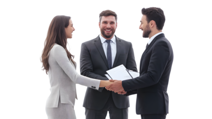 Business handshake between a woman and a man with a smiling man holding a clipboard in the middle