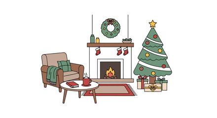 Cozy Christmas Living Room Scene with Fireplace Decorated Tree Armchair and Gifts Festive Holiday Home Decor Illustration