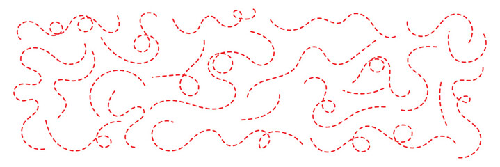 Hand drawn dotted line element set. Curved and twisted dashed paths. Wavy dashed curvy line, loopy squiggle path, decorative wave border, dotted line divider, seamless vector illustration. EPS 10 