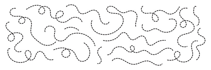 Dashed hand drawn squiggle loopy line vector. Dotted spiral curve line. Hand Sketched Curly Border. Abstract long squiggle dashed. Abstract Hand-Drawn Dotted Line Collection. EPS 10