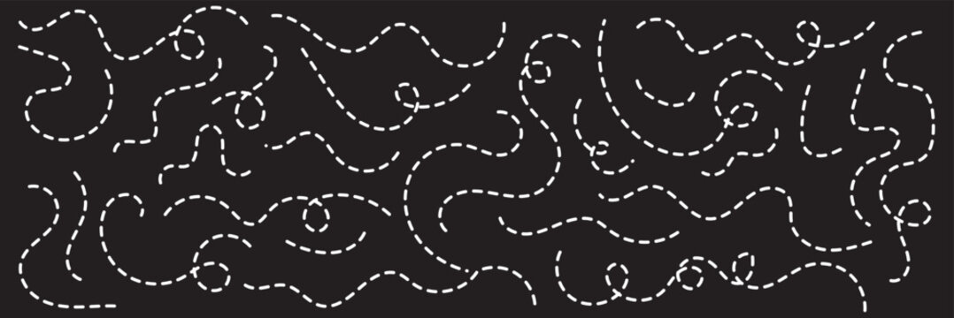 Hand drawn dotted line element set. Curved and twisted dashed paths. Wavy dashed curvy line, loopy squiggle path, decorative wave border, dotted line divider, seamless vector illustration. EPS 10 