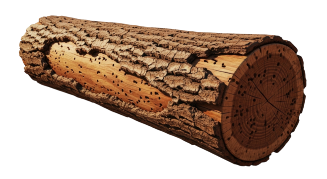 Close up of a rough bark log section transparent background cutout png