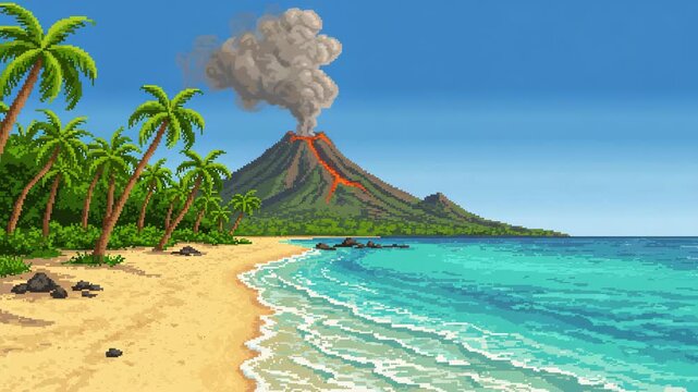 Volcano Erupting by Tropical Beach Pixel Art Animation Loop 