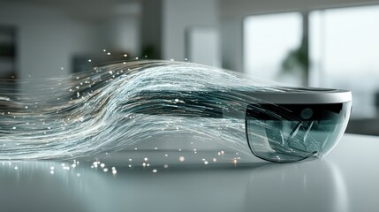 A futuristic headset emitting light trails, symbolizing advanced technology and augmented reality in a modern environment.