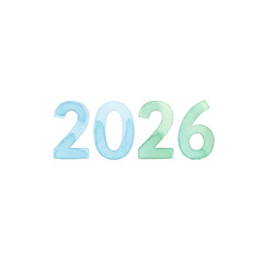 Watercolor Numbers 2026, in Blue and Green Hues, cutout, PNG isolated on a white or transparent background, AI
