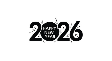 Bold graphic design celebrating the arrival of the new year 2026 with festive bursts and a circular text element