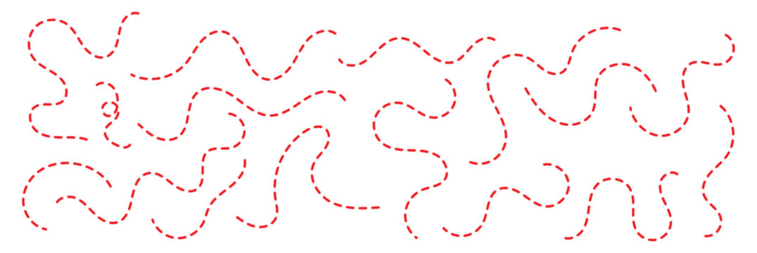 Dashed hand drawn squiggle loopy line vector. Dotted spiral curve line. Hand Sketched Curly Border. Abstract long squiggle dashed. Abstract Hand-Drawn Dotted Line Collection. EPS 10.