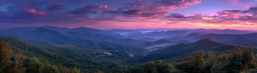 Obraz premium Breathtaking sunrise over green mountains showcasing vibrant colors concept. Breathtaking sunrise over a tranquil mountain range landscape.