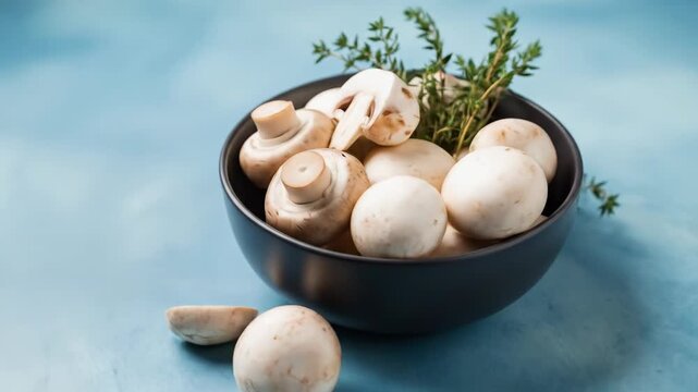 A bowl overflowing with fresh button mushrooms, with sprigs of herb on a blue background