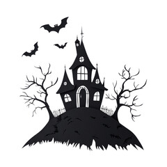 Spooky haunted house on a hill with bats