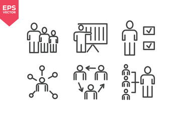 Set of line icons related to team, presentation, connection, skills, assignment, collaboration. Outline icons collection. Editable stroke. Vector illustration.