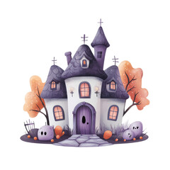 Spooky whimsical haunted house with autumn trees
