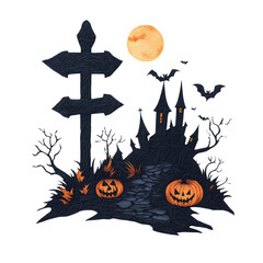 Spooky Halloween Scene with Castle and Pumpkins