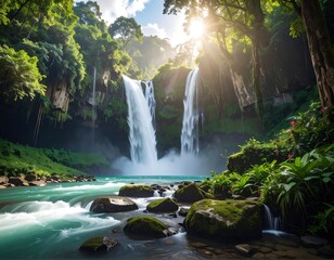 Scenic cascade of water falling into a turquoise river, surrounded by lush vegetation
