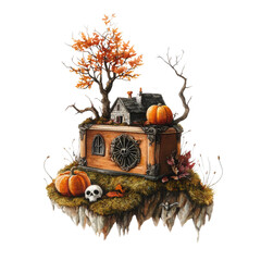 Whimsical Halloween-themed house with pumpkins and skulls