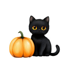 Cute black cat beside a cheerful pumpkin