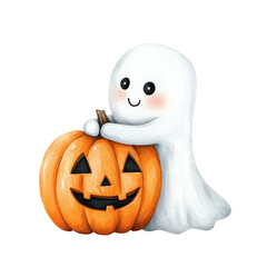 Cute ghost with a carved pumpkin for Halloween