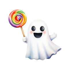 Cheerful ghost holding a colorful lollipop