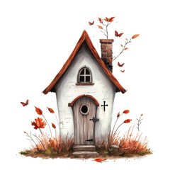 Whimsical cottage with autumn leaves and butterflies