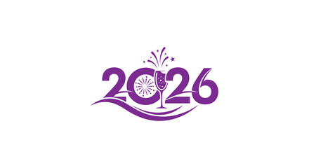Vibrant purple 2026 new year celebration graphic with fireworks and champagne glass