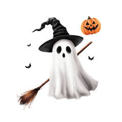 Whimsical ghost with a witch hat and Halloween pumpkin