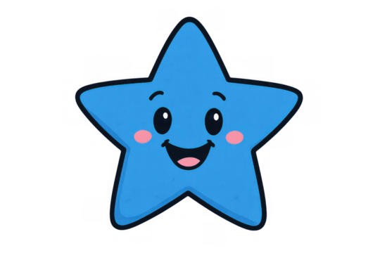 Blue cartoon star character expressing happiness and cuteness, smiling broadly with wide eyes, transparent background - Powered by Adobe