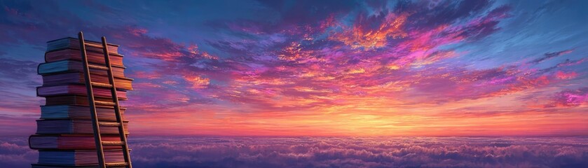 Fototapeta premium Abstract book stack with ladder on sky with clouds background concept. A stunning sunset over modern architecture with colorful clouds.