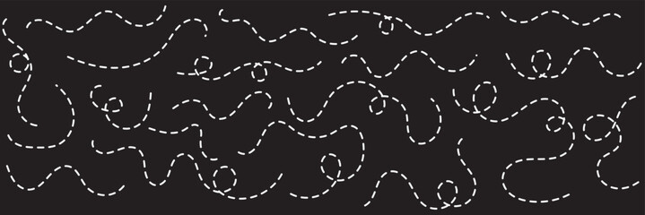Abstract wavy squiggle dashed line collection. Dotted spiral curve line. Transport dot paths lines. Thin line abstract doted swirl path. Minimal squiggle divider, loopy line vector icon isolated.