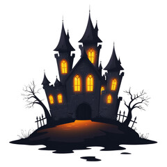 Spooky haunted castle with glowing windows at night