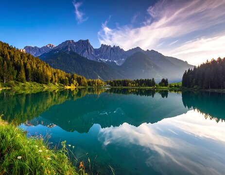 Scenic lake reflects mountains and trees under a clear blue sky