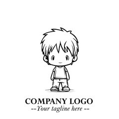 Black and White Chibi Boy Illustration with Jacket and Boots in Bold Thick Line Art Minimal Style