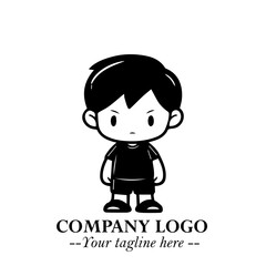 Black and White Chibi Boy Illustration with Jacket and Boots in Bold Thick Line Art Minimal Style