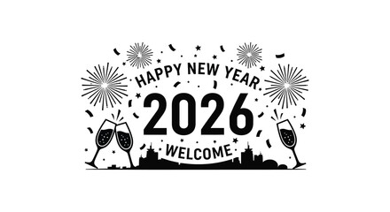 Happy new year 2026 celebration with fireworks champagne glasses and city skyline welcome message