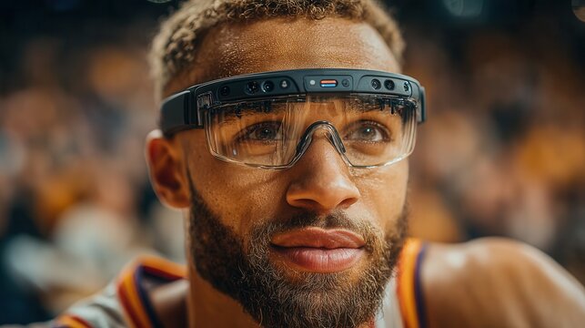 Intense athlete wearing futuristic augmented reality glasses, focused on victory, pushing boundaries of sports technology