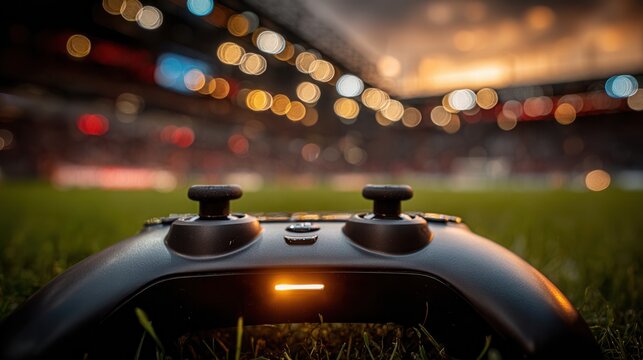 Immersive gaming controller rests on vibrant stadium grass, lights bokeh in background, capturing the thrill of eSports and live events