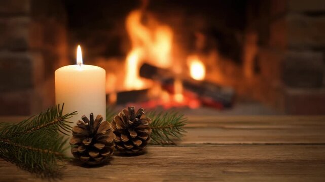 Relaxing fireplace ambience with candle and pine cones for cozy winter christmas vibes
