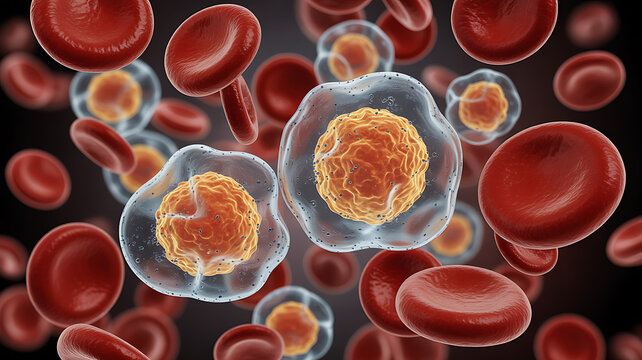 Microscopic view of red blood cells and white blood cells, illustrating the human circulatory system and immune response