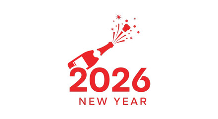 Red champagne bottle popping cork and spraying bubbles with 2026 new year text