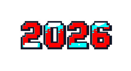 Pixelated Red and Cyan Numbers 2026, with Dark Blue Outline, cutout, PNG isolated on a white or transparent background, AI