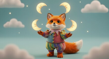 Obraz premium Adorable stylized fox character wearing a colorful costume juggles glowing crescent moons