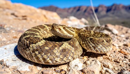 A coiled reptile with patterned scales in rocky, arid environment