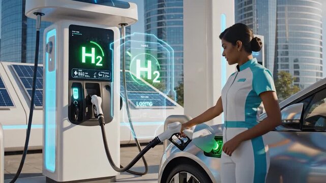 Woman charges hydrogen powered vehicle at futuristic urban renewable energy station with solar panels