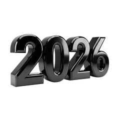 Shiny Black 3 D Numbers 2026, with Reflective Surface, cutout, PNG isolated on a white or transparent background, AI