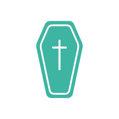 Fototapeta premium Simple teal coffin with a white cross icon, representing death, burial, and funeral services on a white background.