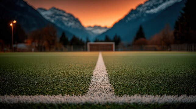 Captivating sunset paints dramatic skies over a serene mountain landscape framing a vibrant soccer field ready for action