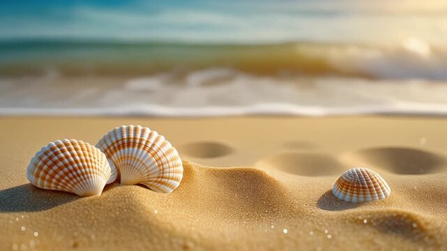 Seashells on beach sand summer vacation coastal scene ocean waves sea shells nature travel