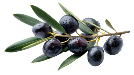 Fresh ripe black olives on a branch with leaves and water drops