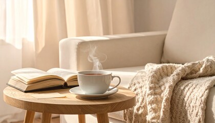 Steaming Cup of Tea with Open Book and Blanket in Sunlit Room
