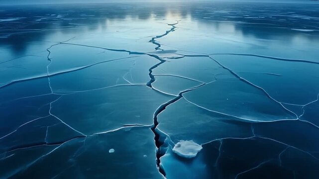 Amazing frozen lake aerial view of cracked ice and snow landscape arctic environment coldness