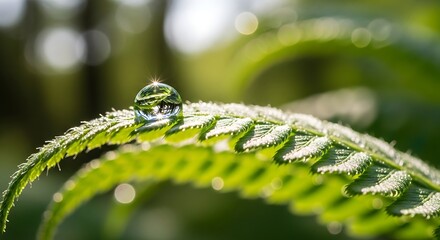 Close Up of Dew Drop on Green Leaf in Morning Sunlight